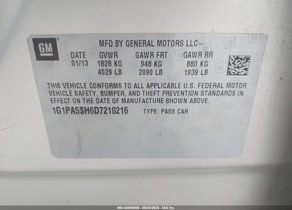 2013 CHEVROLET CRUZE VIN: 1G1PA5SH6D7210216