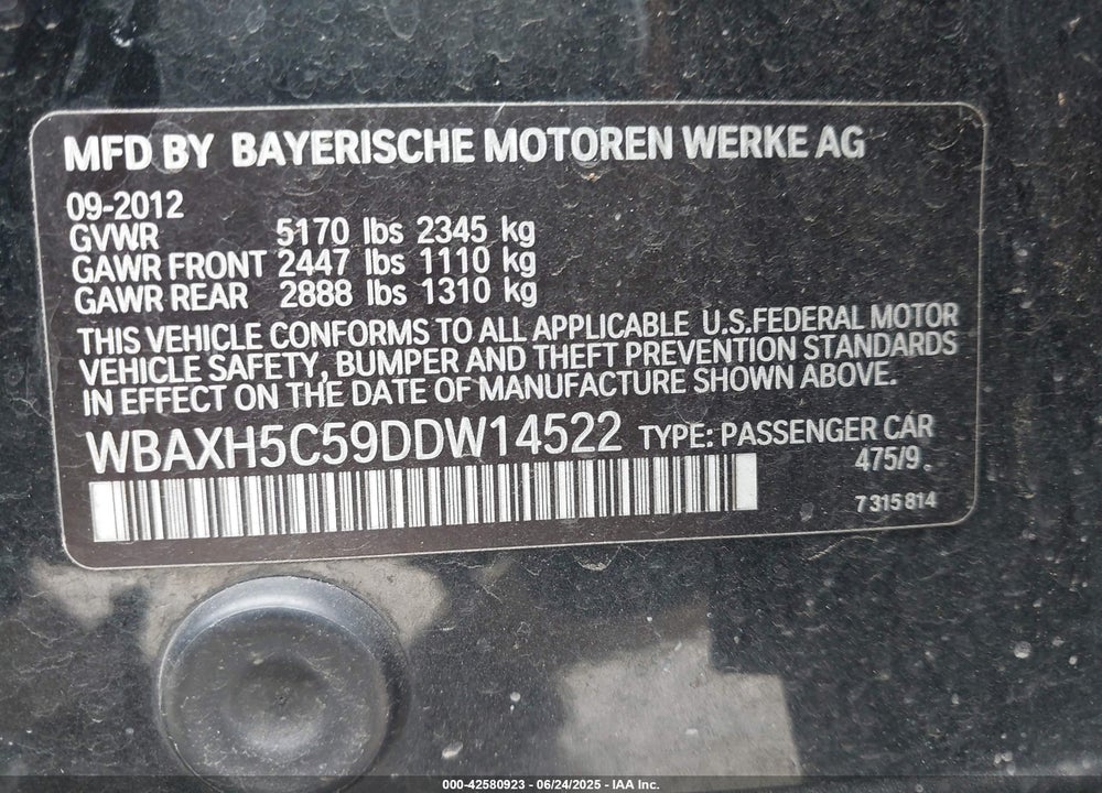 2013 BMW 5 SERIES VIN: WBAXH5C59DDW14522
