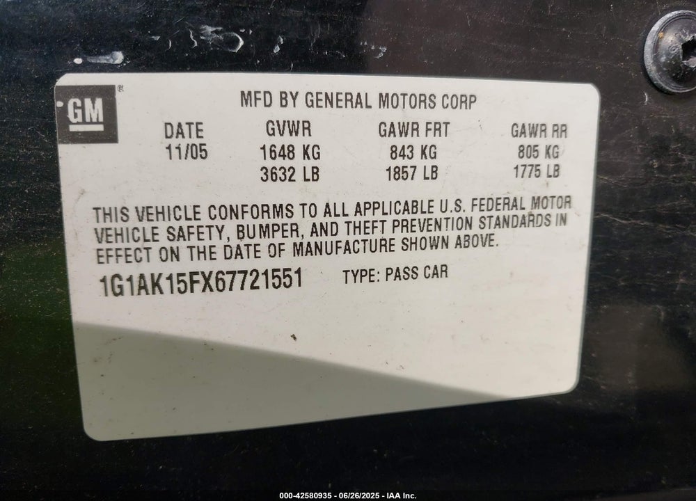 2006 CHEVROLET COBALT VIN: 1G1AK15FX67721551