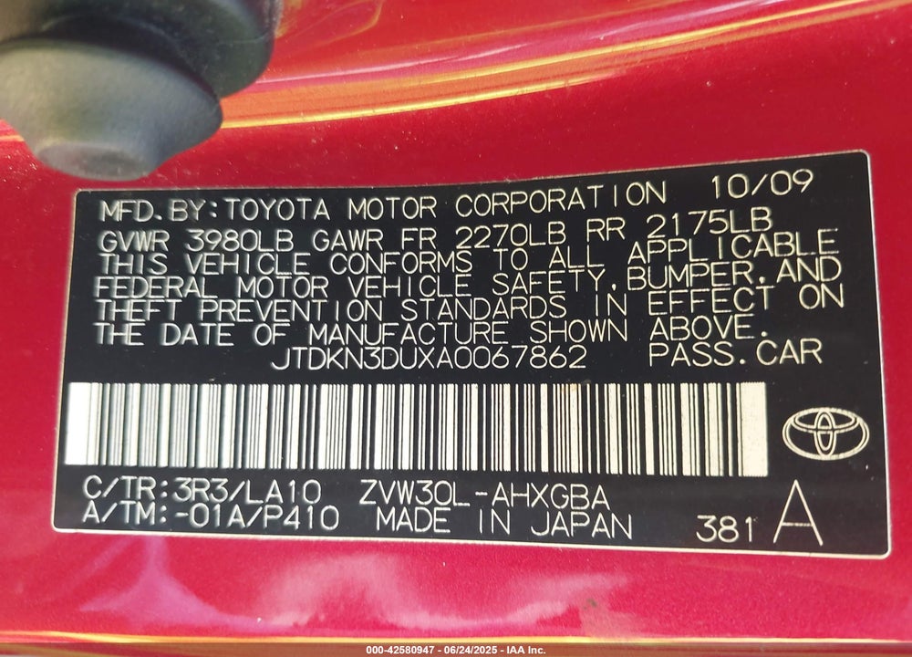 2010 TOYOTA PRIUS VIN: JTDKN3DUXA0067862
