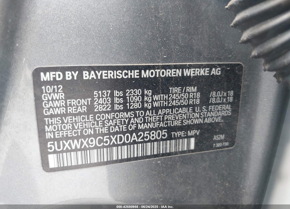 2013 BMW X3 VIN: 5UXWX9C5XD0A25805