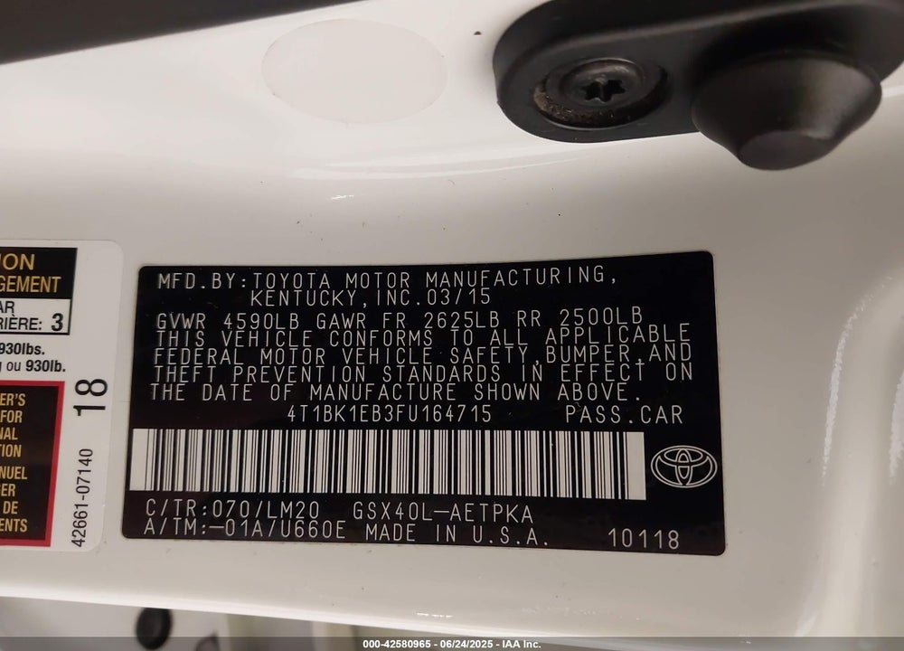 2015 TOYOTA AVALON VIN: 4T1BK1EB3FU164715