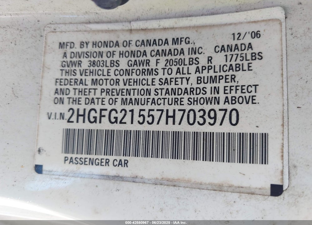 2007 HONDA CIVIC SI VIN: 2HGFG21557H703970