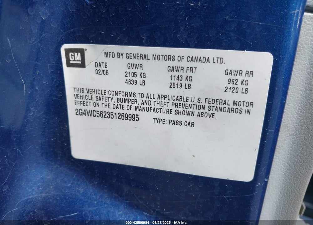 2005 BUICK LACROSSE CX VIN: 2G4WC562351269995
