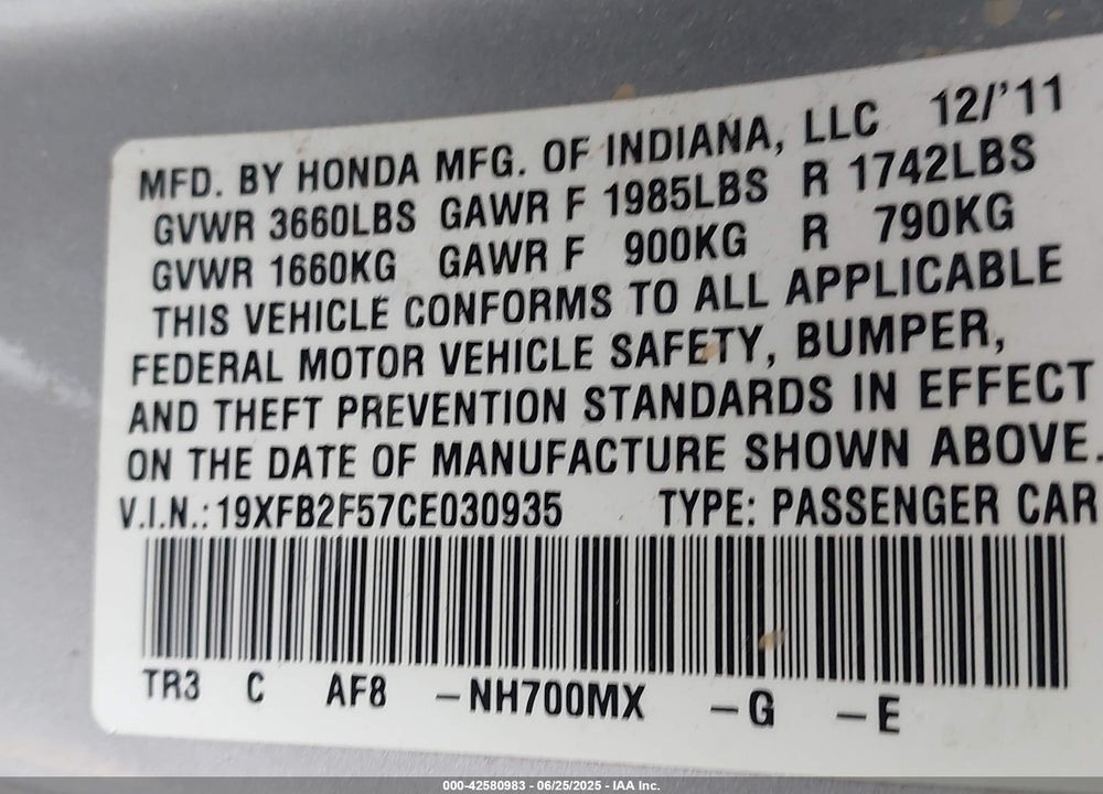 2012 HONDA CIVIC LX VIN: 19XFB2F57CE030935
