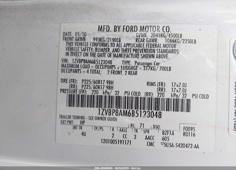 2011 FORD MUSTANG V6 PREMIUM VIN: 1ZVBP8AM6B5123048