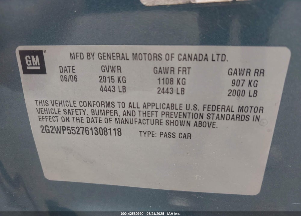 2006 PONTIAC GRAND PRIX VIN: 2G2WP552761308118