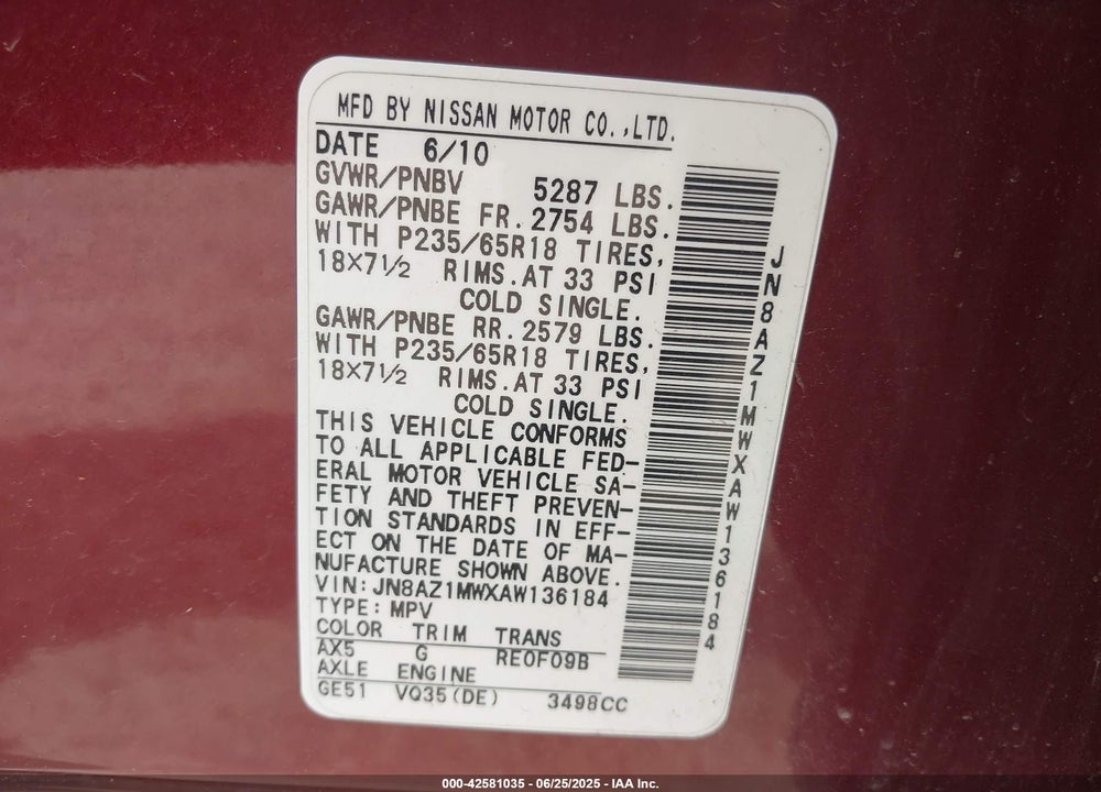 2010 NISSAN MURANO VIN: JN8AZ1MWXAW136184