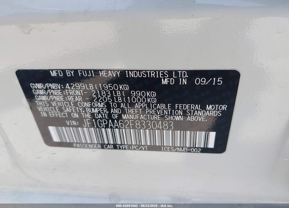 2015 SUBARU IMPREZA VIN: JF1GPAA62F8330483