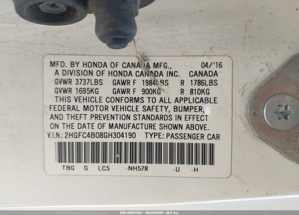 2016 HONDA CIVIC LX-P VIN: 2HGFC4B08GH304190