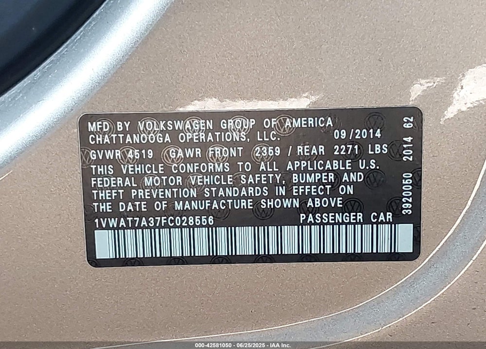 2015 VOLKSWAGEN PASSAT 1.8T S VIN: 1VWAT7A37FC028556