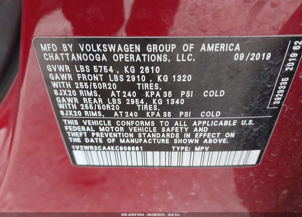 2019 VOLKSWAGEN ATLAS VIN: 1V2WR2CA4KC606661