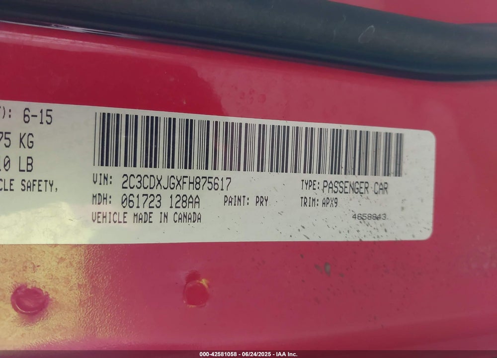 2015 DODGE CHARGER SXT VIN: 2C3CDXJGXFH875617