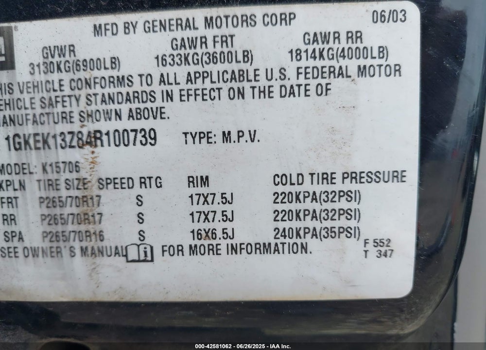 2004 GMC YUKON SLT VIN: 1GKEK13Z84R100739