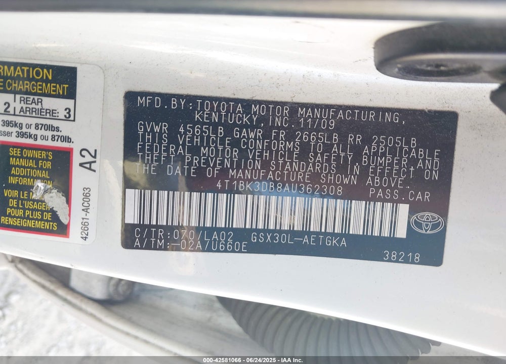 2010 TOYOTA AVALON VIN: 4T1BK3DB8AU362308