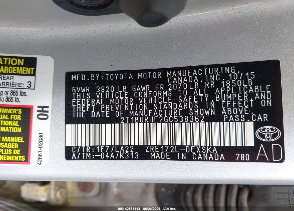 2016 TOYOTA COROLLA VIN: 2T1BURHE2GC538362