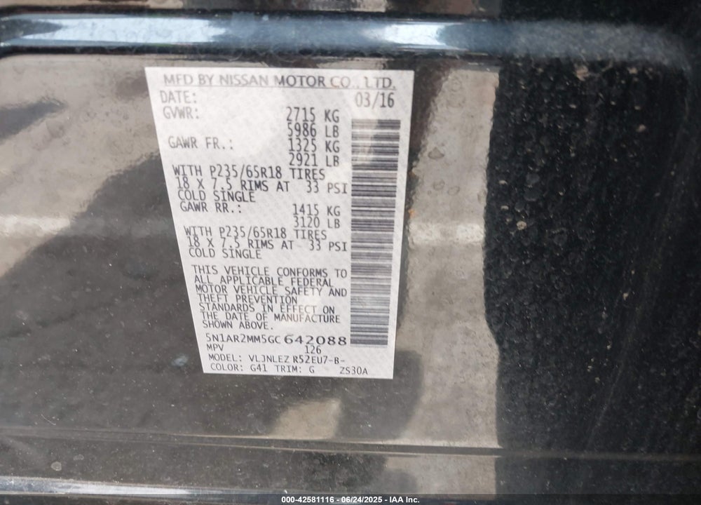 2016 NISSAN PATHFINDER VIN: 5N1AR2MM5GC642088