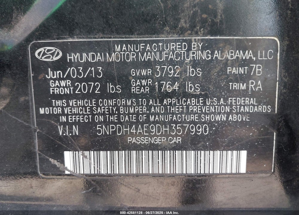 2013 HYUNDAI ELANTRA GLS VIN: 5NPDH4AE9DH357990