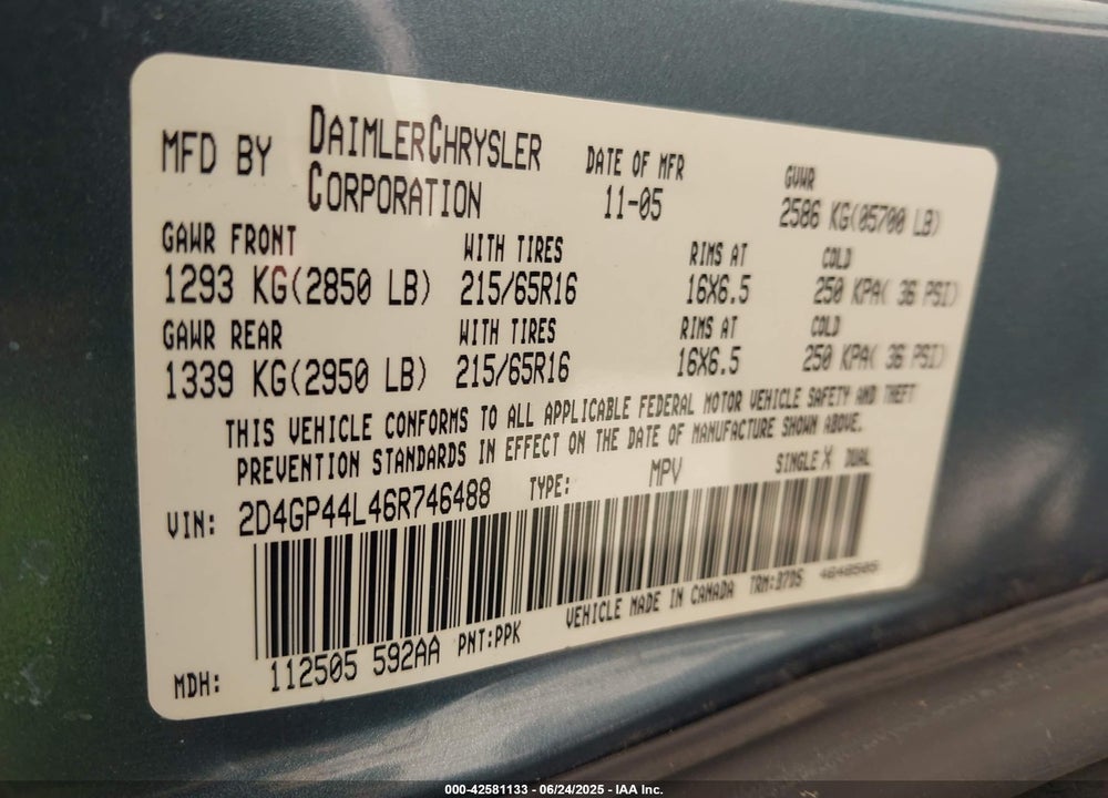 2006 DODGE GRAND CARAVAN SXT VIN: 2D4GP44L46R746488