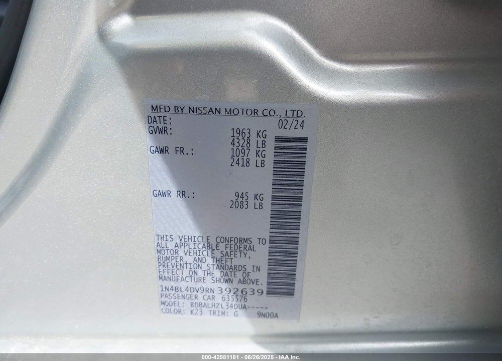 2024 NISSAN ALTIMA SV FWD VIN: 1N4BL4DV9RN392639