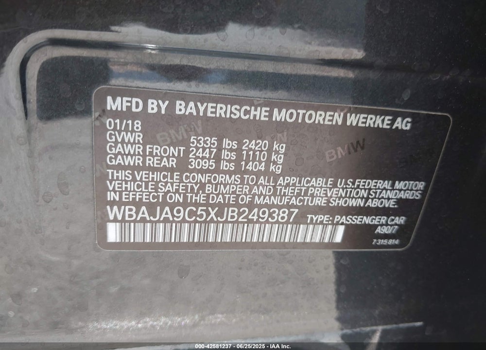 2018 BMW 5 SERIES VIN: WBAJA9C5XJB249387