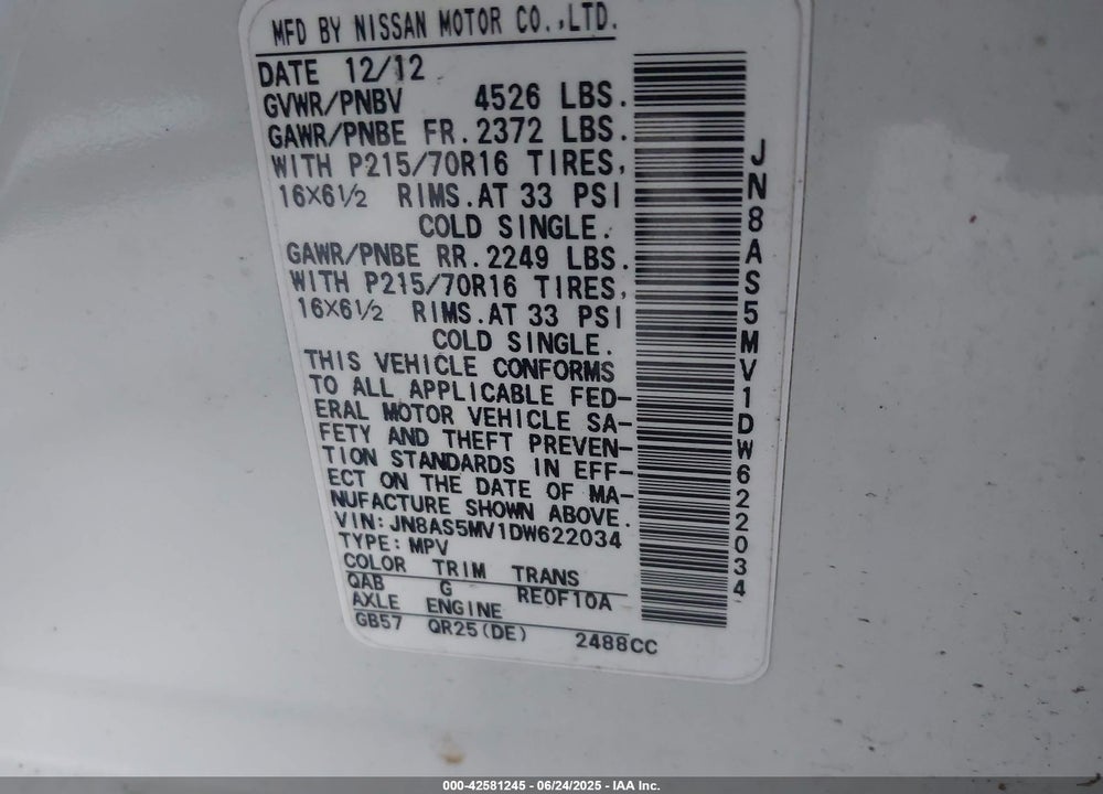 2013 NISSAN ROGUE S VIN: JN8AS5MV1DW622034