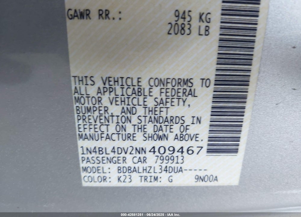 2022 NISSAN ALTIMA VIN: 1N4BL4DV2NN409467