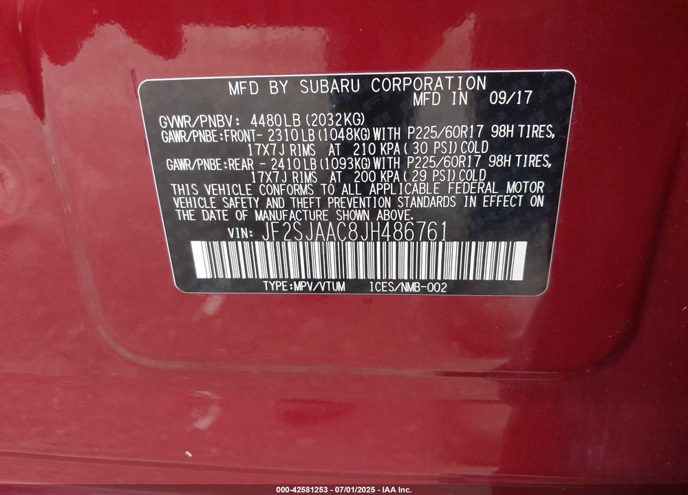 2018 SUBARU FORESTER VIN: JF2SJAAC8JH486761