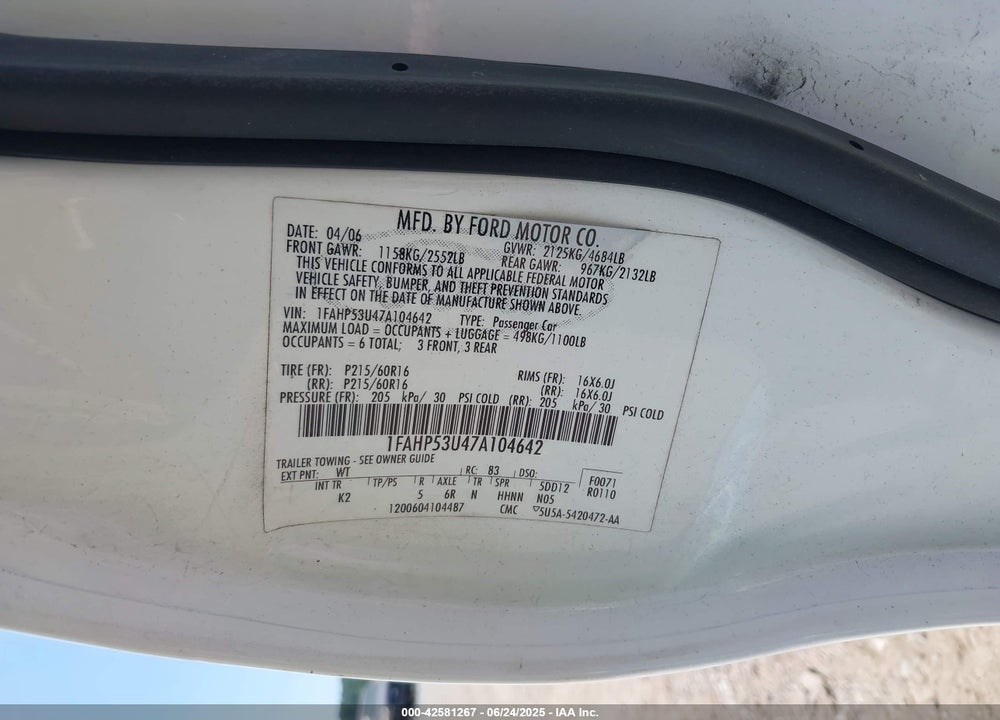2007 FORD TAURUS SE VIN: 1FAHP53U47A104642