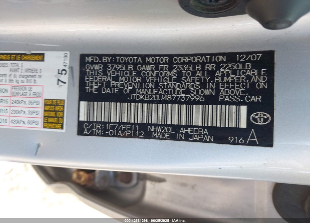 2008 TOYOTA PRIUS VIN: JTDKB20U487737996
