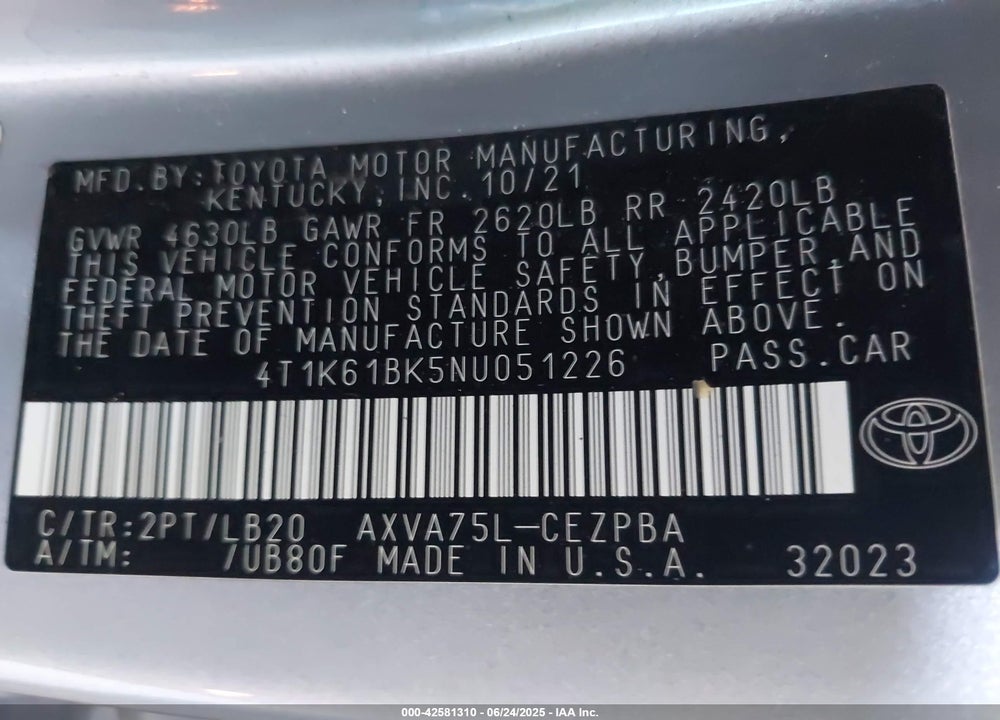 2022 TOYOTA CAMRY VIN: 4T1K61BK5NU051226