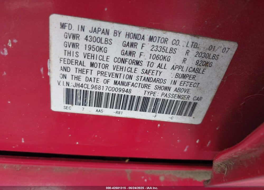 2007 ACURA TSX VIN: JH4CL96817C009948