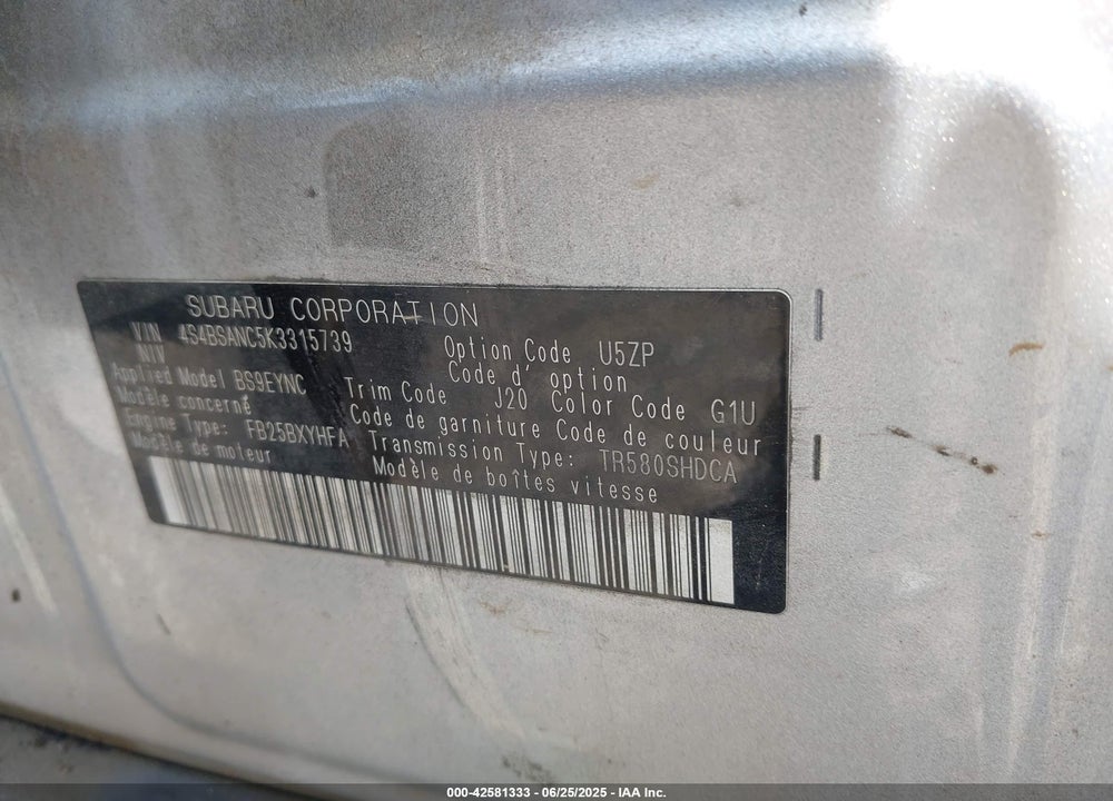 2019 SUBARU OUTBACK VIN: 4S4BSANC5K3315739