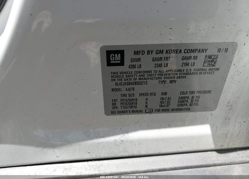 2016 BUICK ENCORE VIN: KL4CJASB4GB550213
