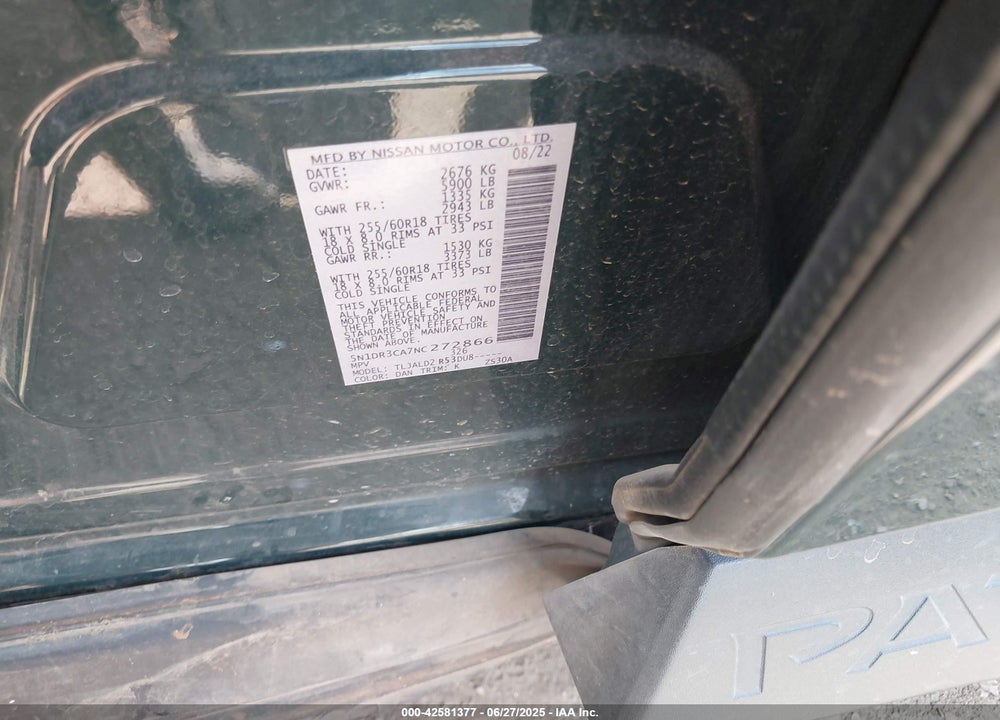 2022 NISSAN PATHFINDER VIN: 5N1DR3CA7NC272866