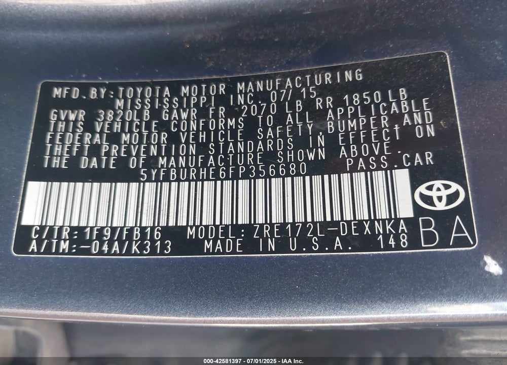 2015 TOYOTA COROLLA VIN: 5YFBURHE6FP356680