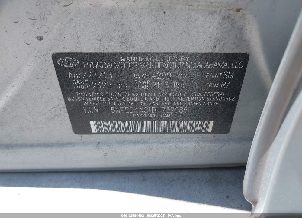 2013 HYUNDAI SONATA GLS VIN: 5NPEB4AC1DH737085