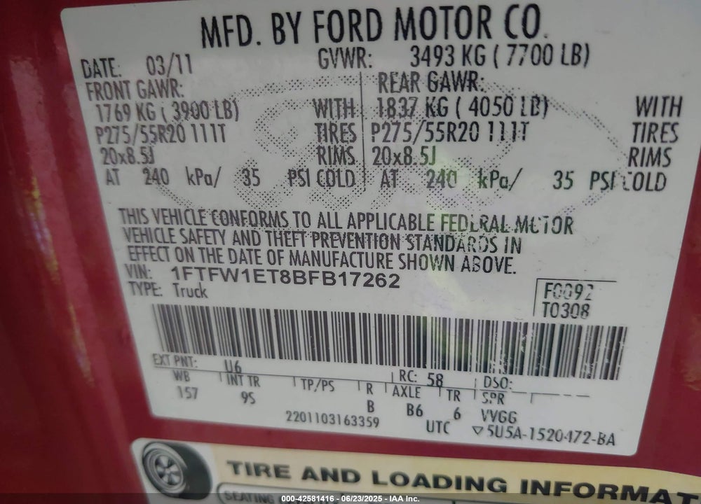 2011 FORD F-150 VIN: 1FTFW1ET8BFB17262