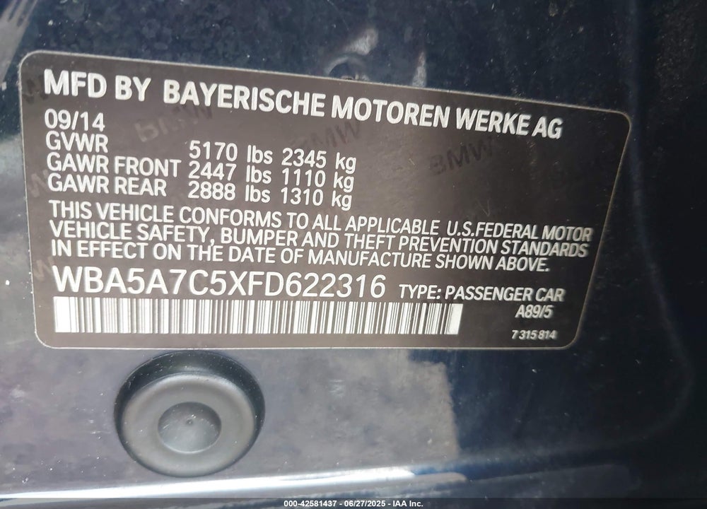 2015 BMW 528I XDRIVE VIN: WBA5A7C5XFD622316