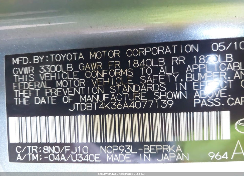 2010 TOYOTA YARIS VIN: JTDBT4K36A4077139