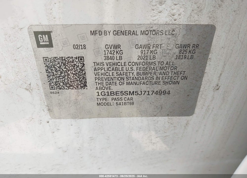 2018 CHEVROLET CRUZE VIN: 1G1BE5SM5J7174994