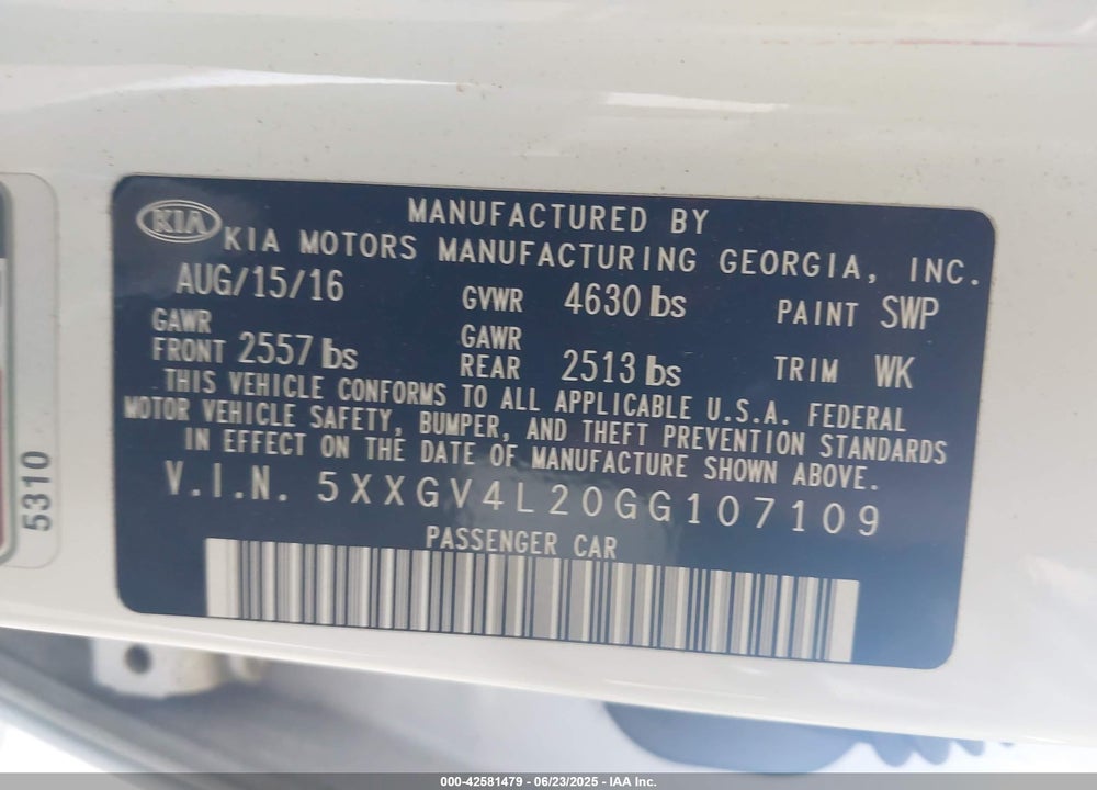2016 KIA OPTIMA VIN: 5XXGV4L20GG107109