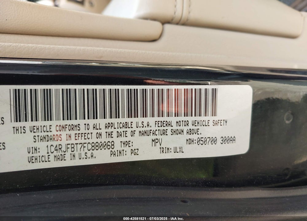 2015 JEEP GRAND CHEROKEE VIN: 1C4RJFBT7FC880068