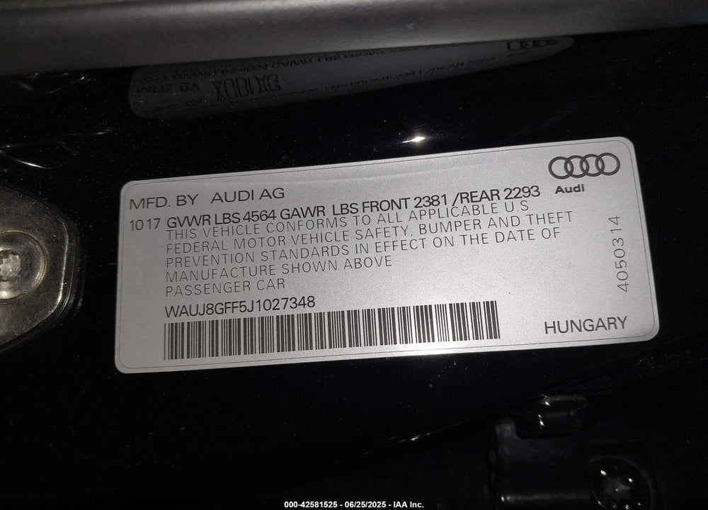 2018 AUDI A3 VIN: WAUJ8GFF5J1027348