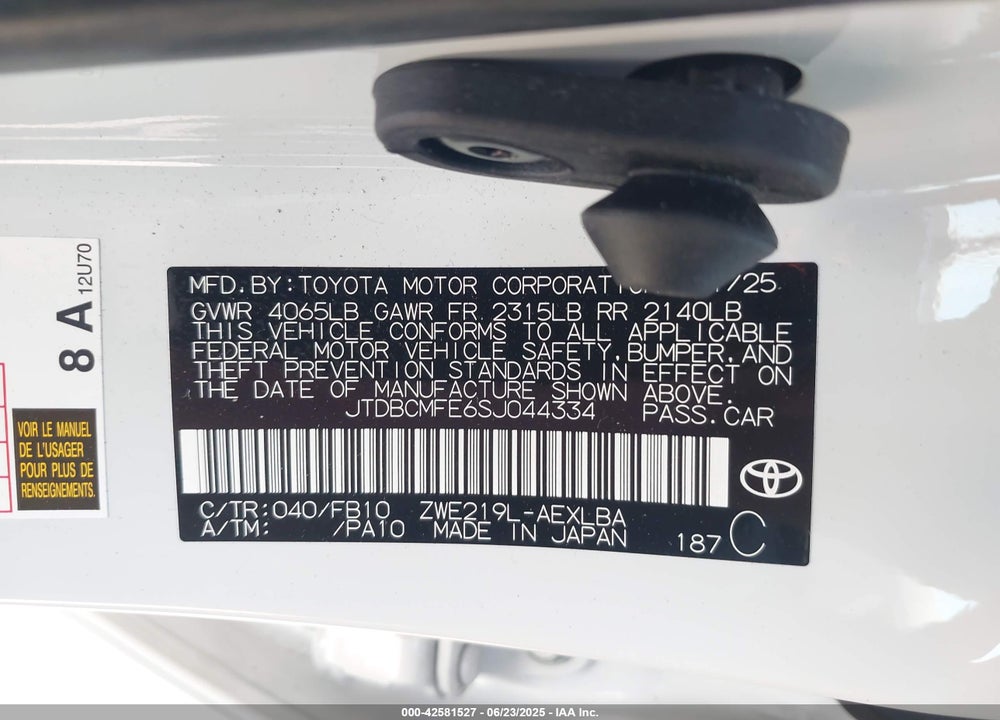 2025 TOYOTA COROLLA HYBRID LE VIN: JTDBCMFE6SJ044334