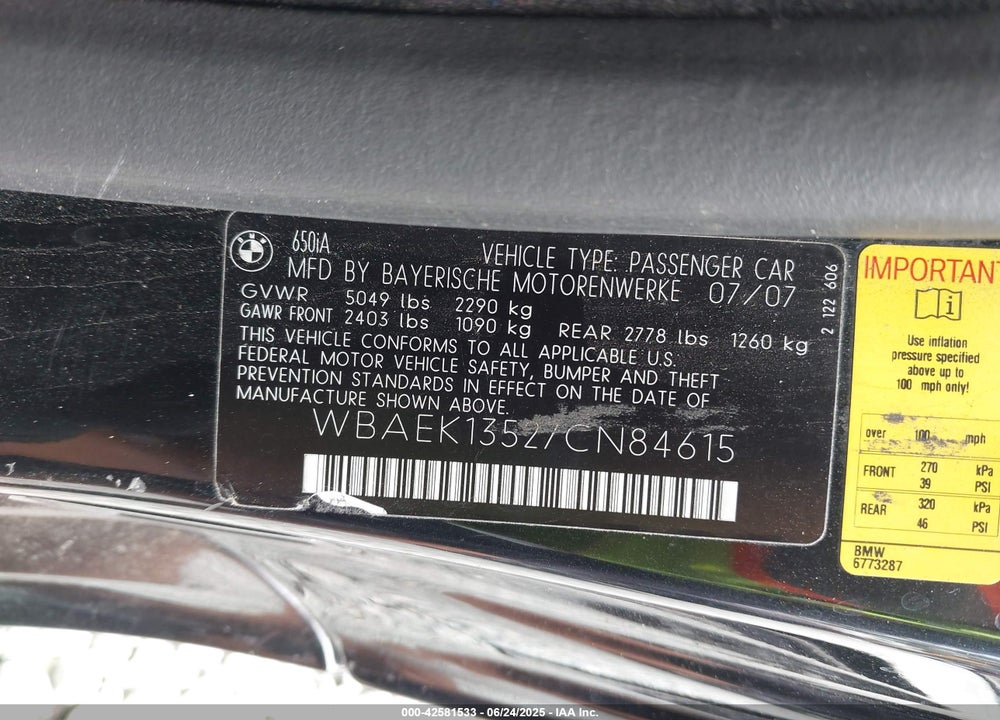 2007 BMW 650I VIN: WBAEK13527CN84615