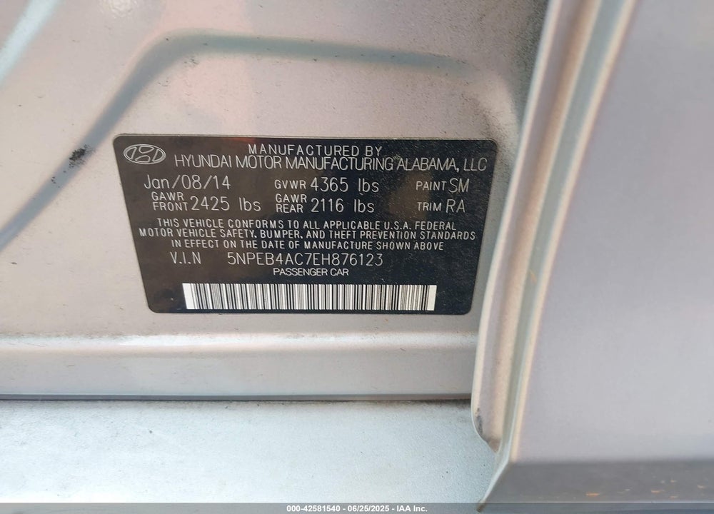 2014 HYUNDAI SONATA VIN: 5NPEB4AC7EH876123