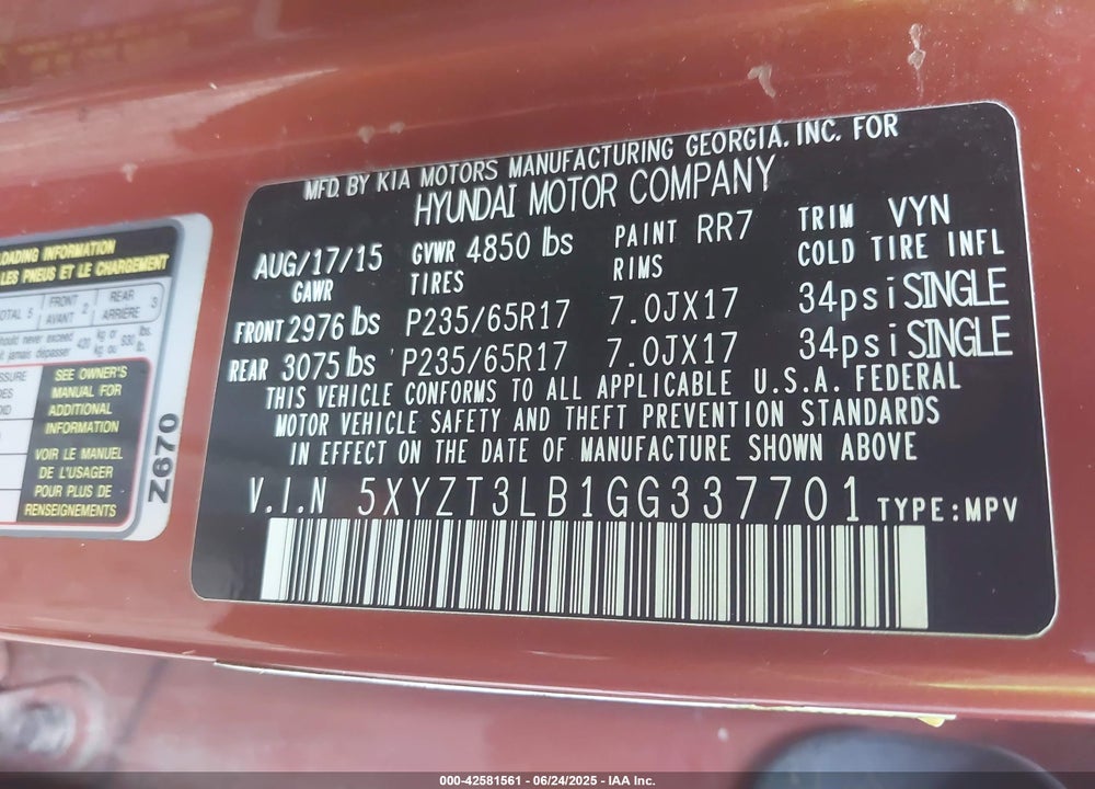 2016 HYUNDAI SANTA FE SPORT 2.4L VIN: 5XYZT3LB1GG337701