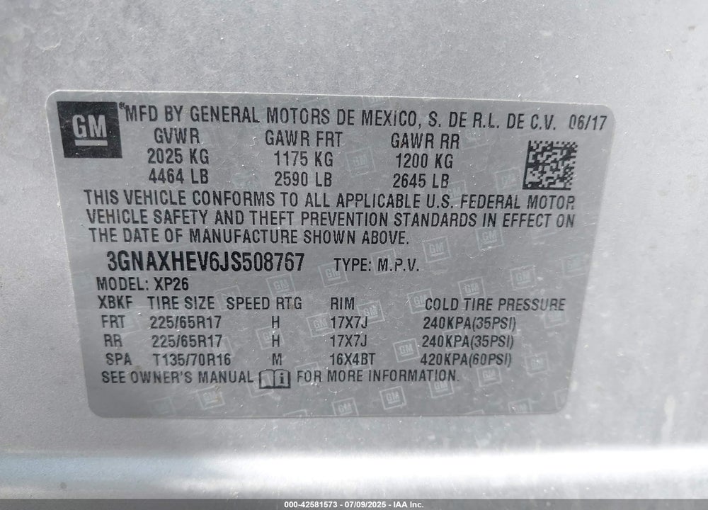 2018 CHEVROLET EQUINOX VIN: 3GNAXHEV6JS508767