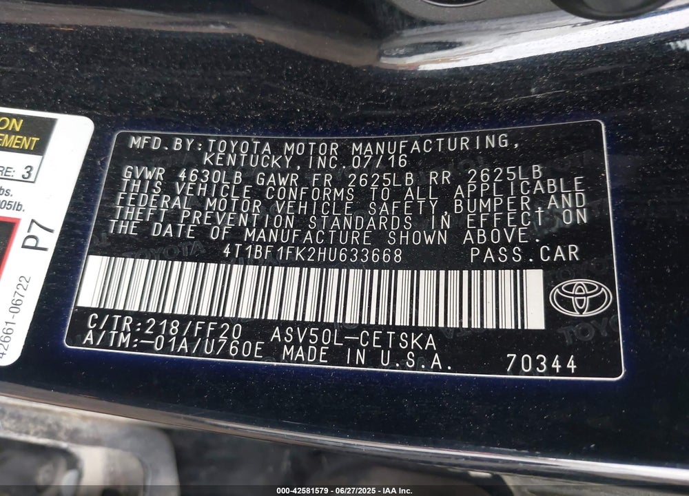 2017 TOYOTA CAMRY VIN: 4T1BF1FK2HU633668